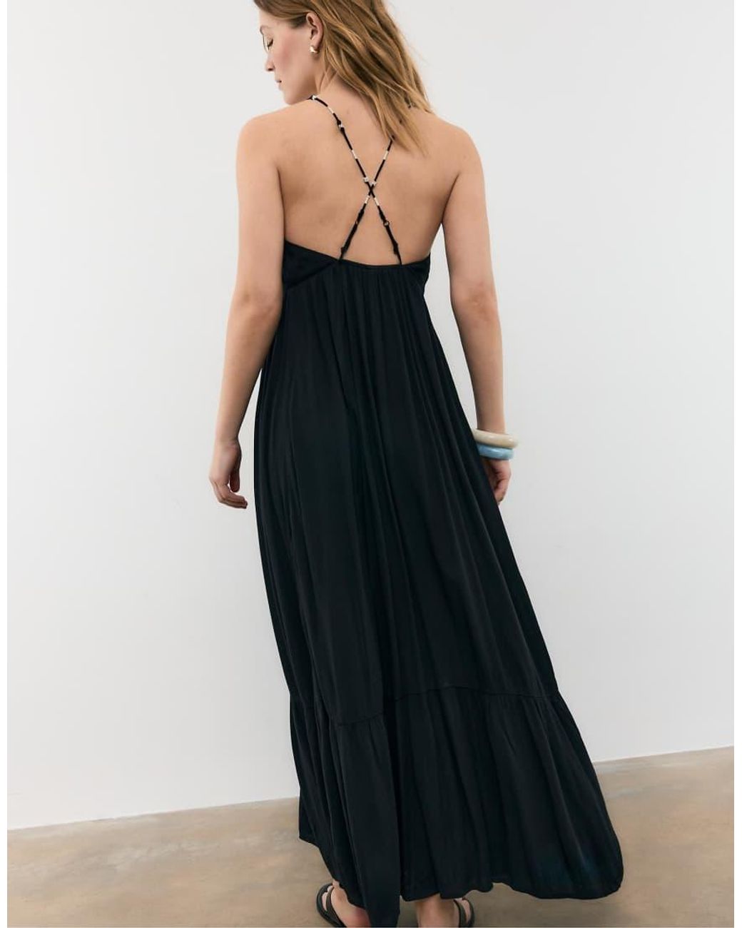 Stradivarius Blue Long Crepe Dress With Beading Straps
