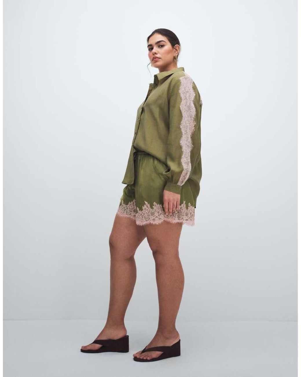 Never Fully Dressed Green Satin Lace Hem Detail Shorts Co-Ord