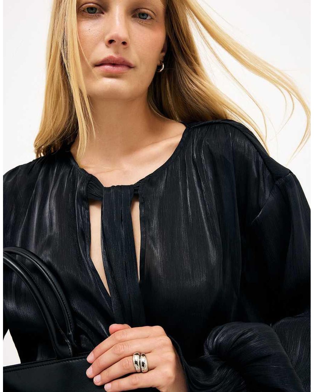 NA-KD Gray Ruched Waist Ruffle Blouse