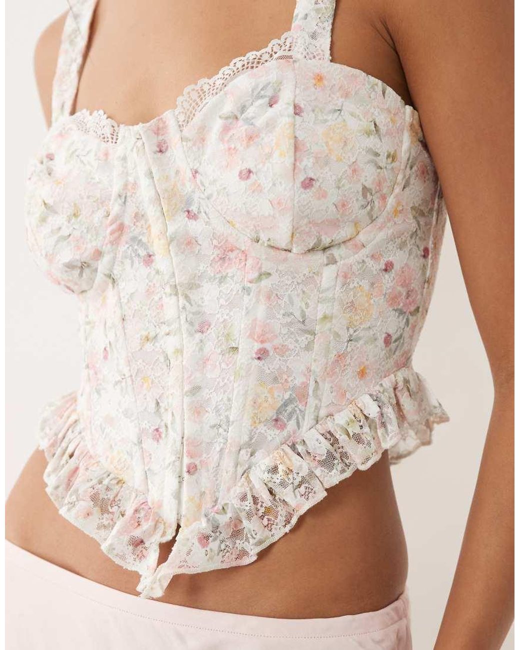 ASOS Natural Floral Lace Corset Top With Ruffle Hem