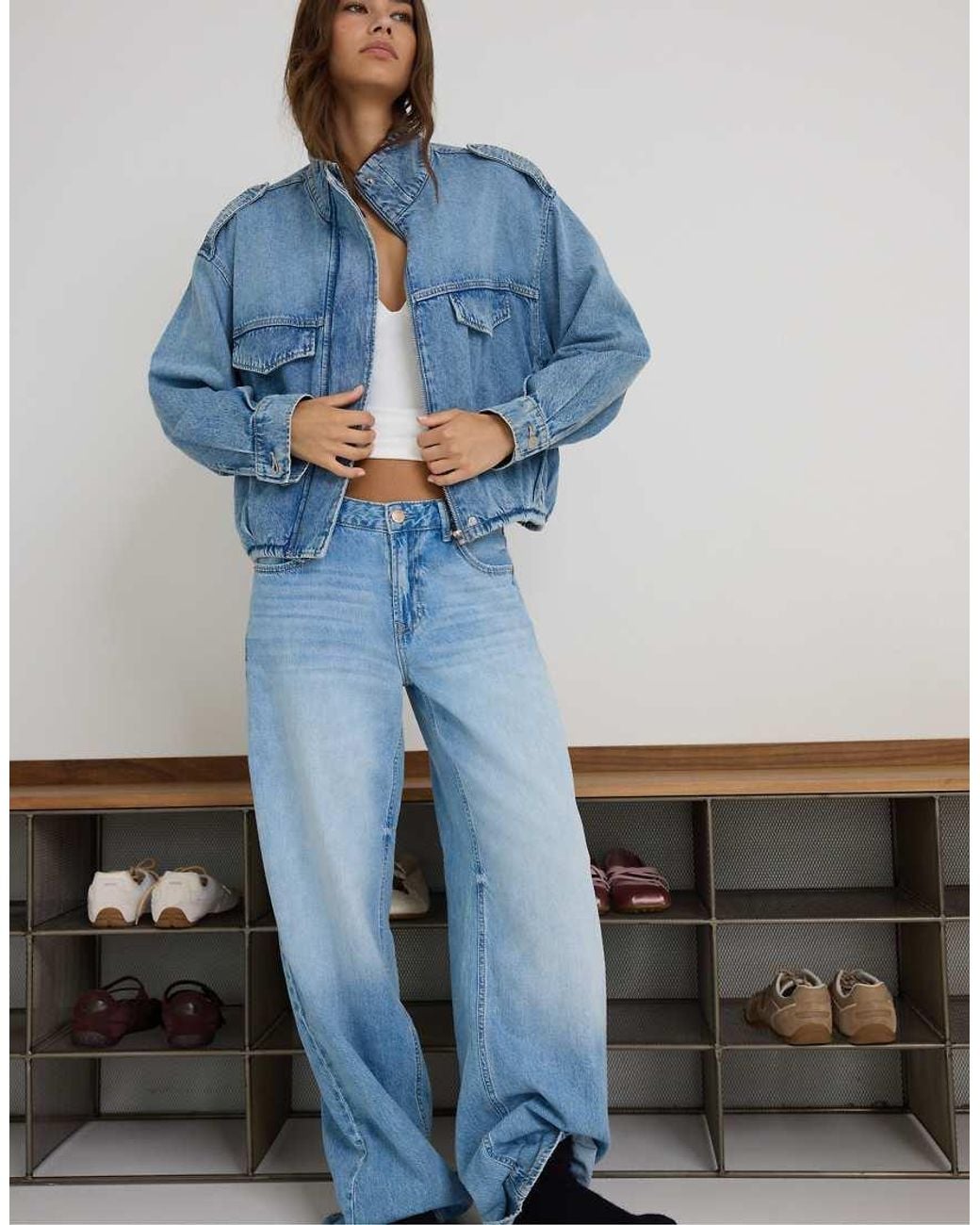 Stradivarius Blue D91 Low Rise Wide Leg Jean