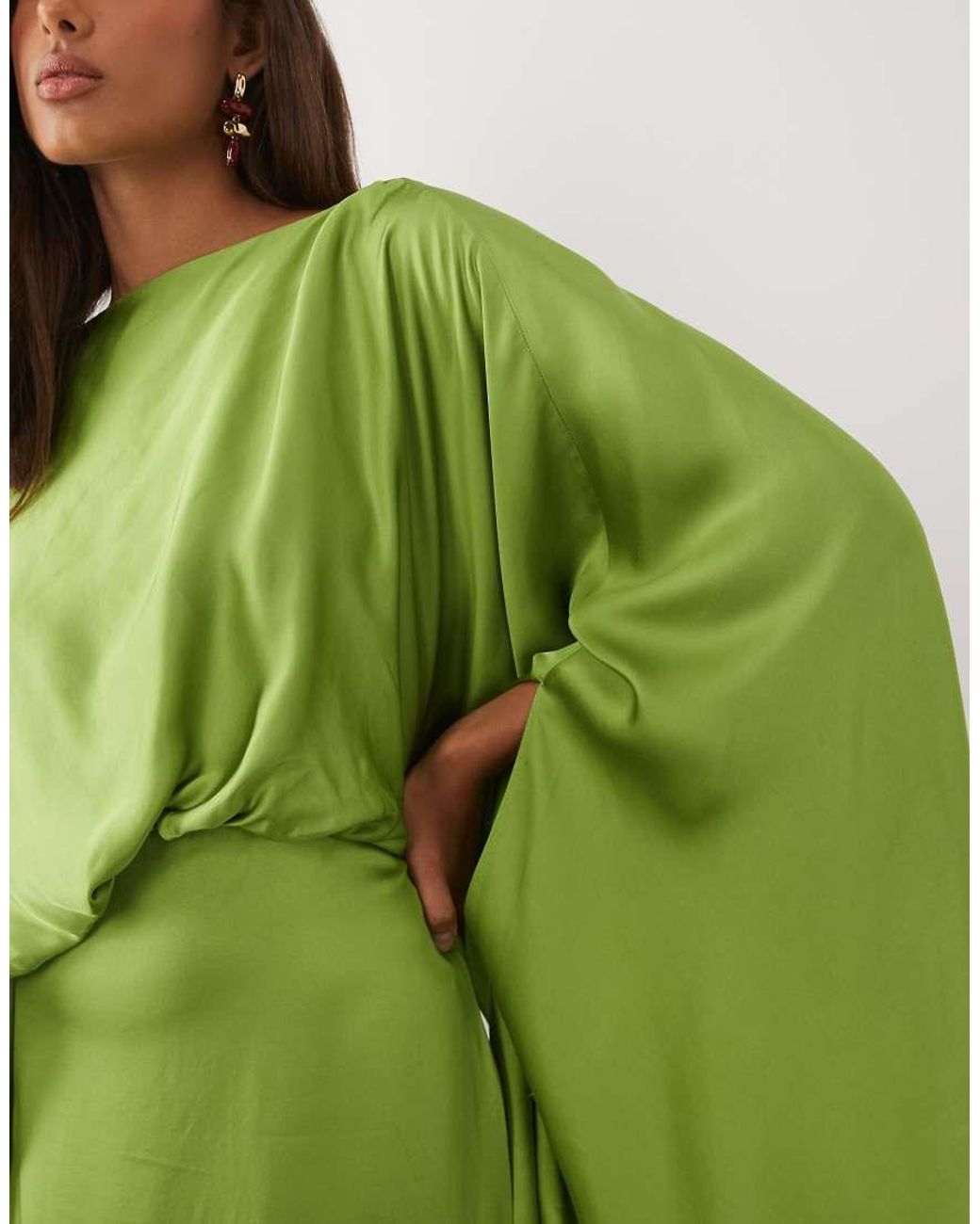 Mango Green Drape Detail Satin Half Sleeve Maxi Dress