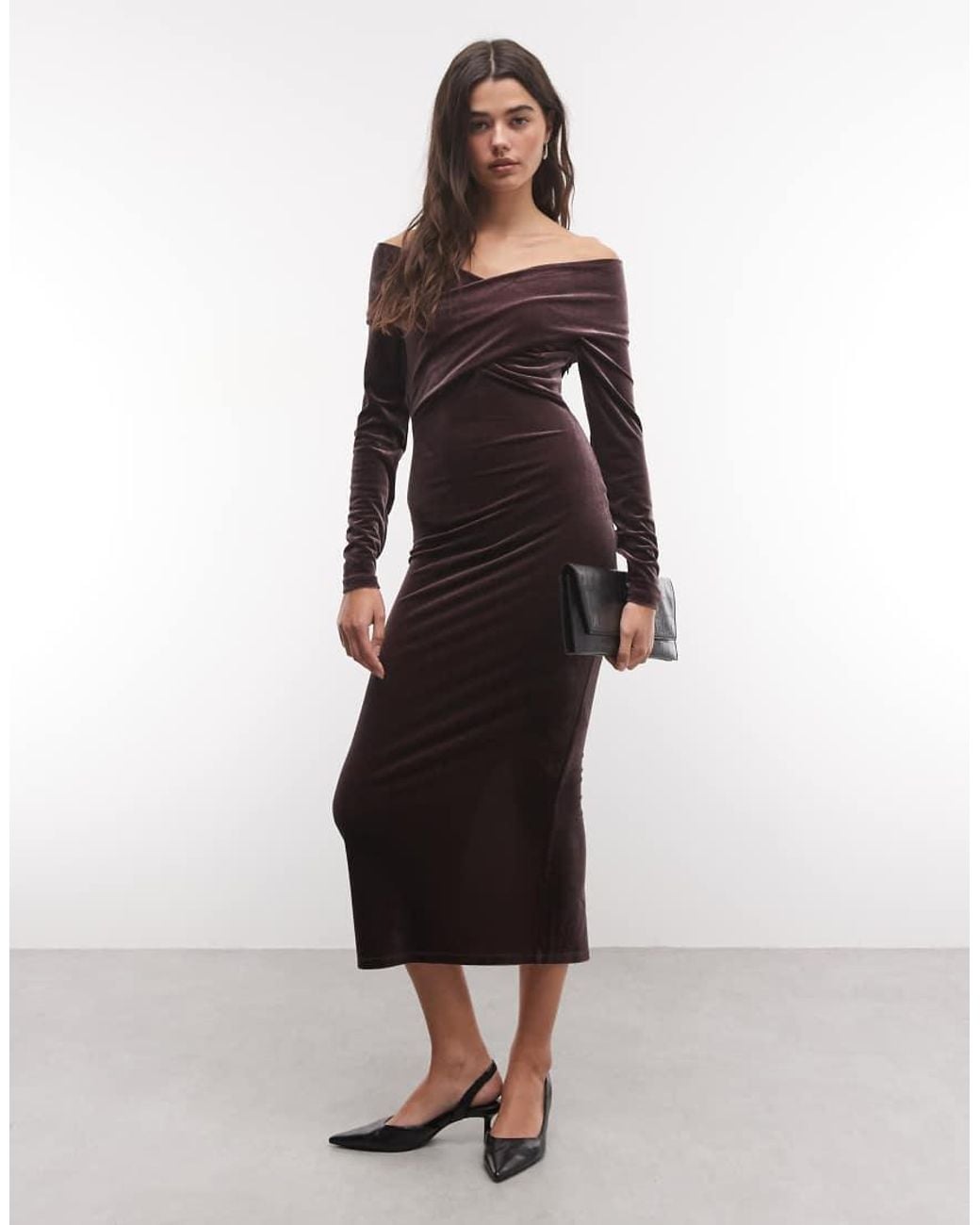 AllSaints Red Delta Long Sleeve Velour Midi Dress