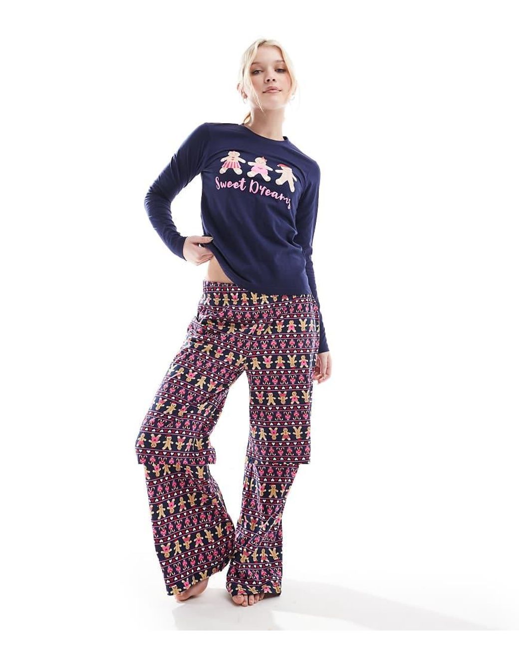 Threadbare Lange Pyjamaset Met Grappige Speculaasprint in het Blue
