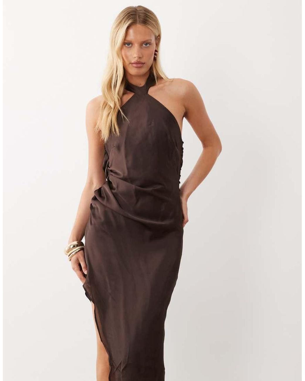 ASOS Natural Halter Neck Scarf Detail Asymmetric Satin Midaxi Dress