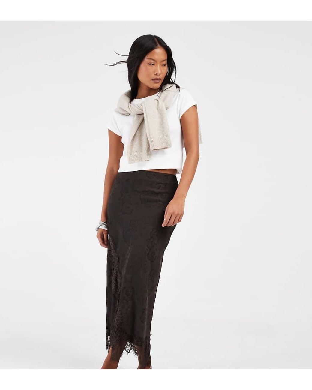 Vero Moda White Satin Midi Skirt With Lace Detail
