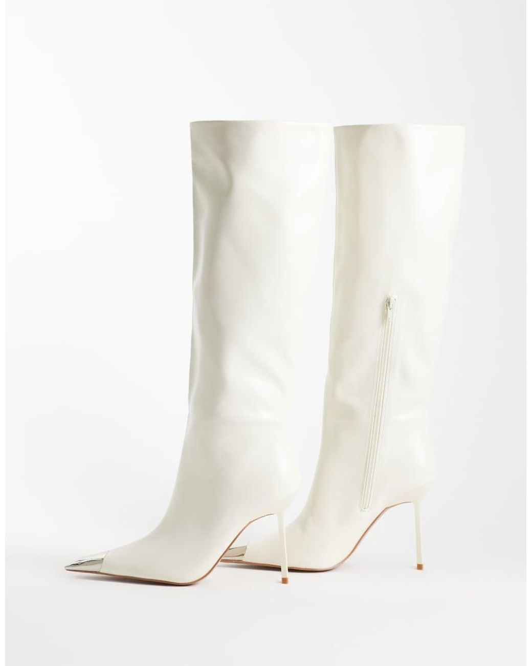 Public Desire White Radiate Stiletto Heel Knee Boots With Pointed Metal Toe