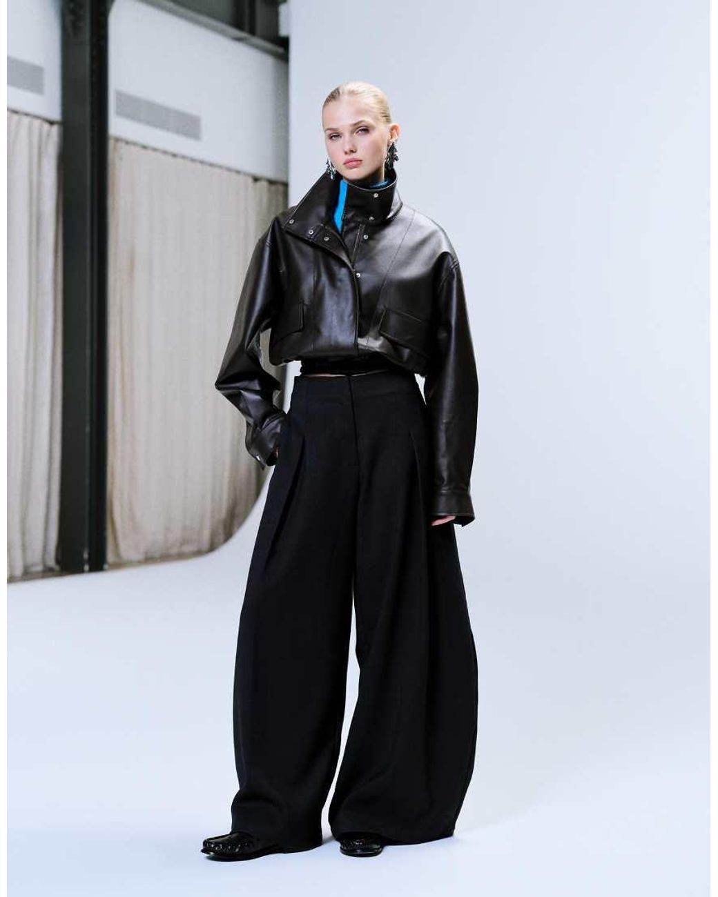 ASOS Gray Faux Leather Funnel Neck Jacket