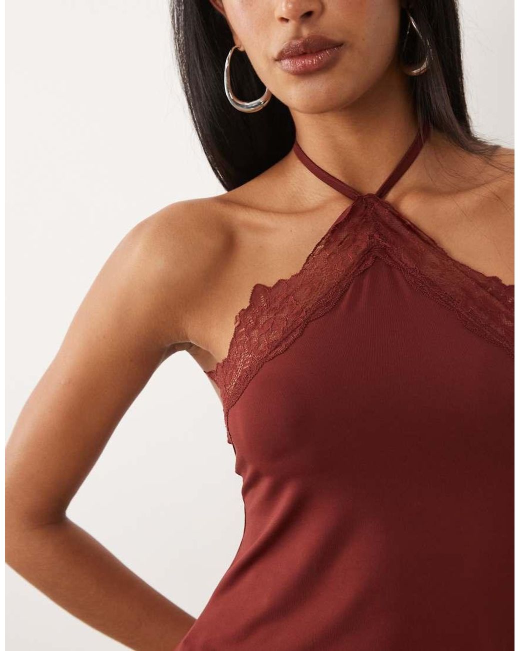 ASOS Red Slinky Long Line Lace Trim Asymmetric Halterneck Top