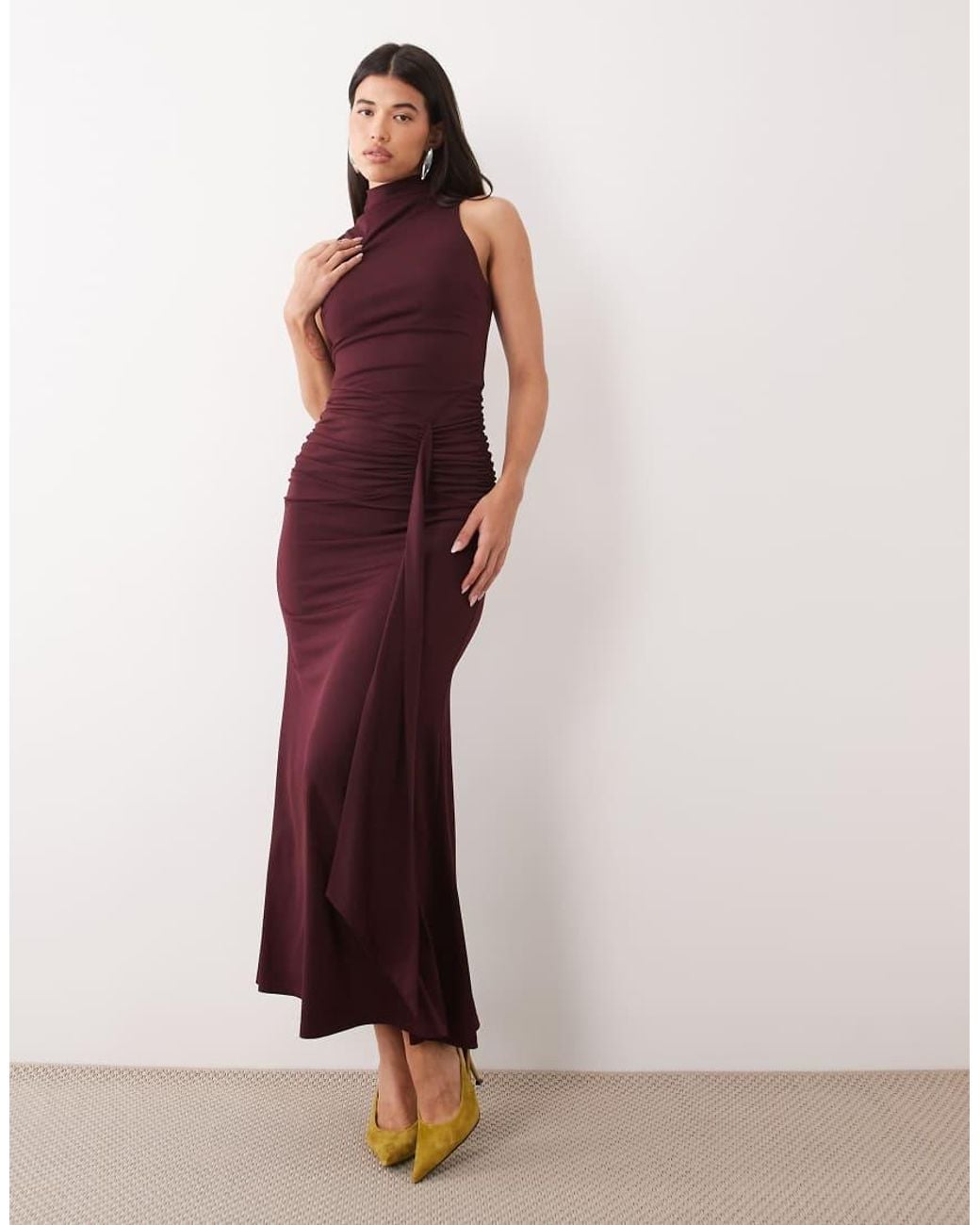 Pretty Lavish Brown Slinky High Neck Tie Front Ruched Maxi Dress