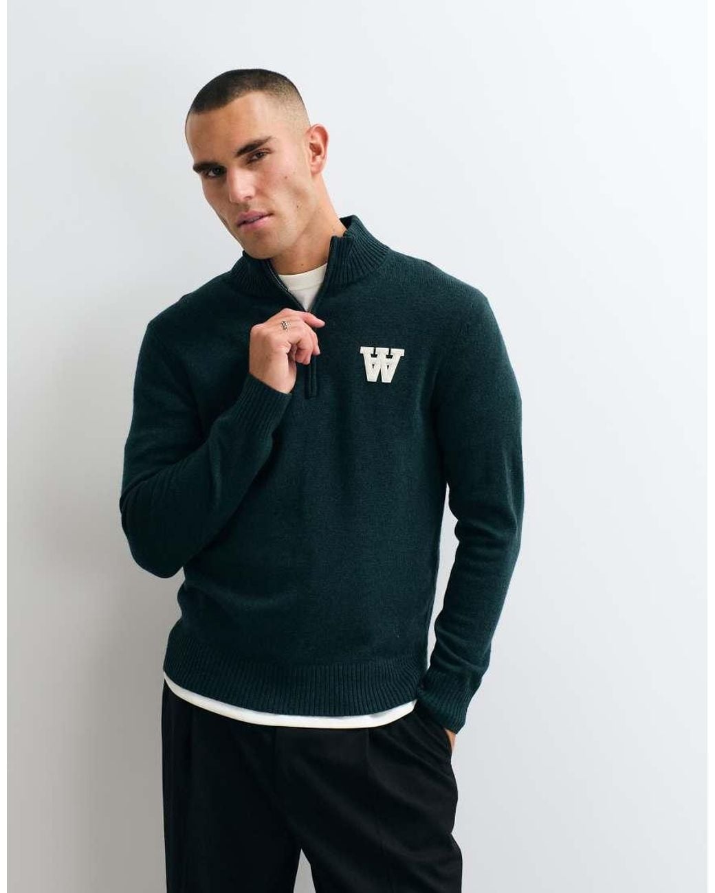 DOUBLE A by WOOD WOOD Blue 100% Lambswool Tay Half Zip Jumper for men