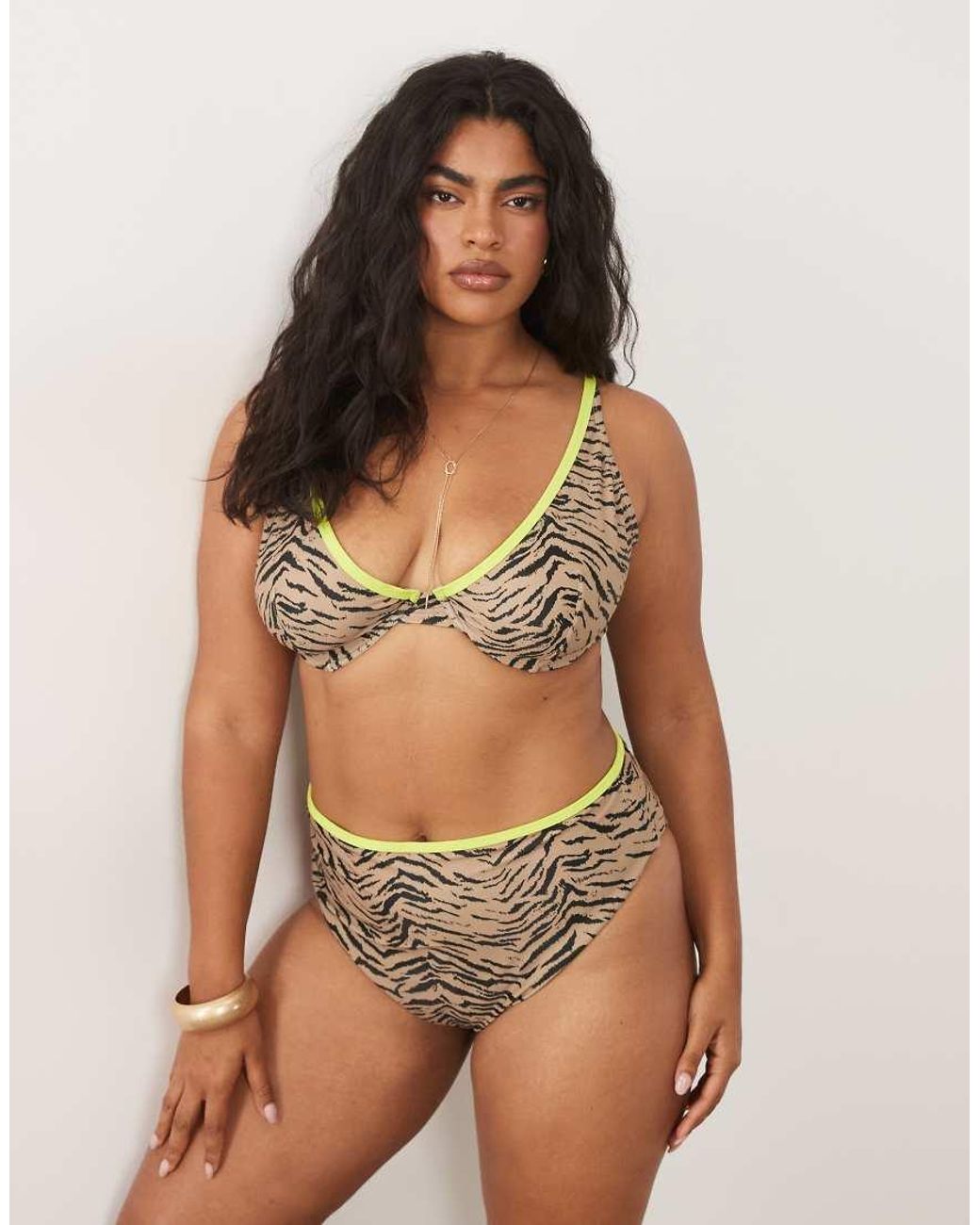 ASOS Brown Asos Design Curve Zaria High Leg High Waist Bikini Bottom With Contrast