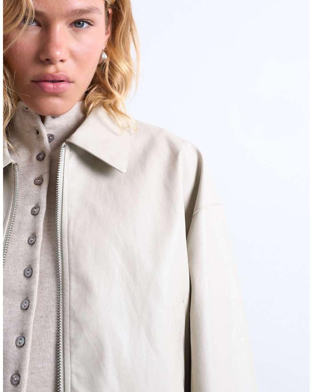 TOPSHOP White Faux Leather Dropped Shoulders Cropped Zip Up Jacket