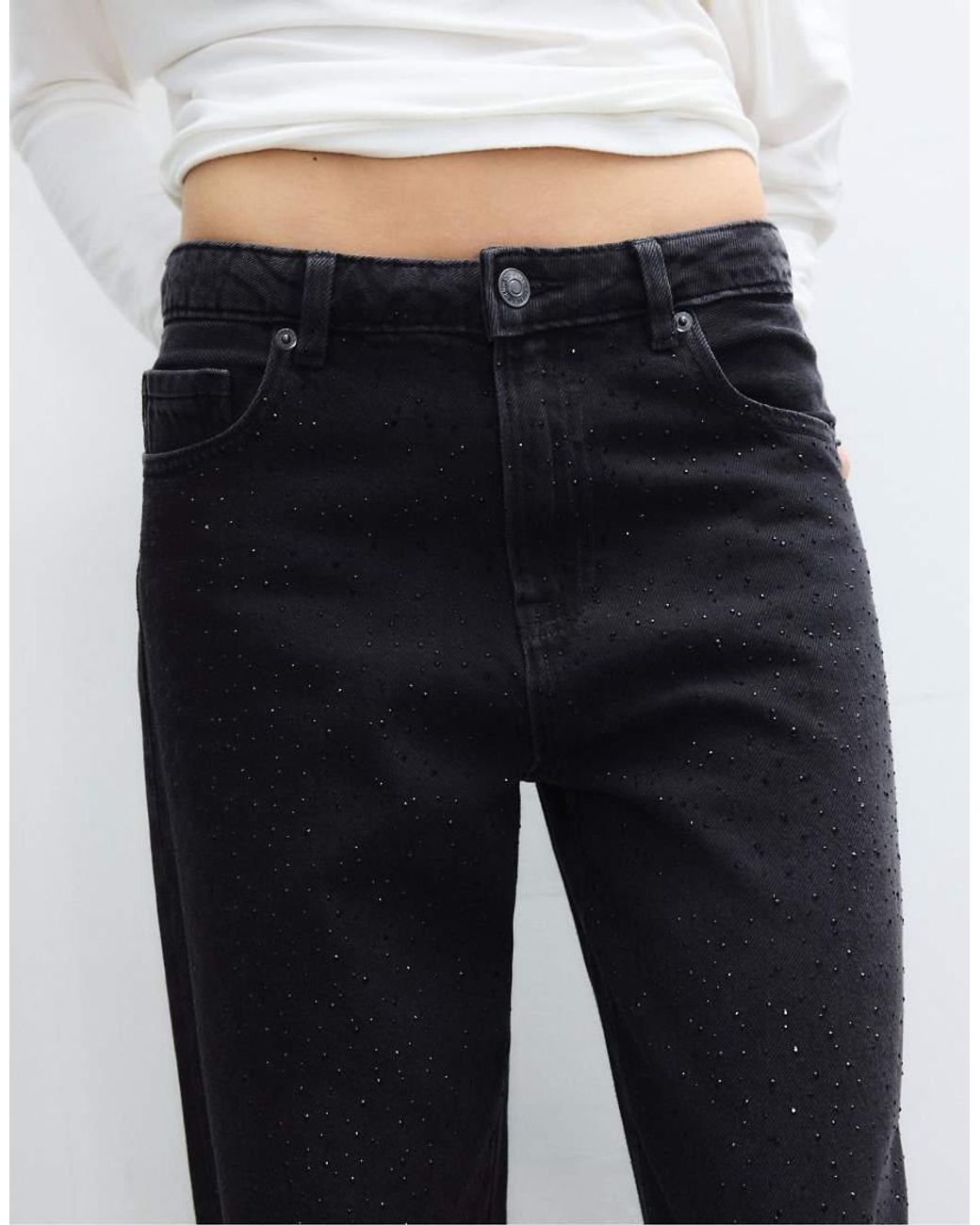 Stradivarius Blue Straight-Fit Jeans With Rhinestones