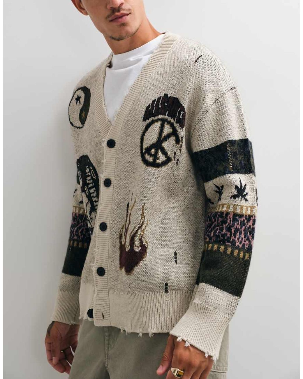 AllSaints White Bram Embroide Graphic Logo Knit Cardigan for men