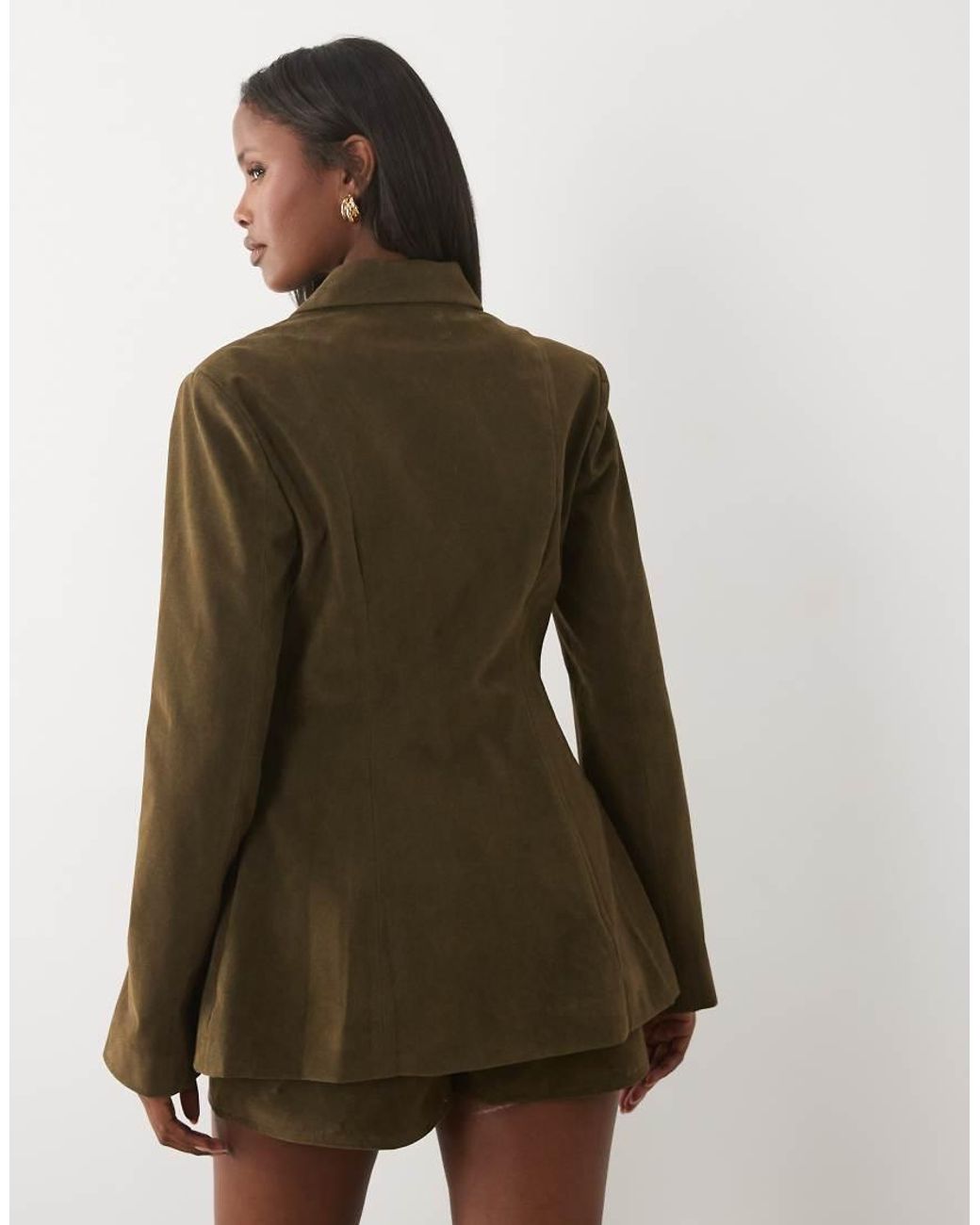 Kaiia Green Exclusive Faux Suede Cinched Waist Longline Blazer