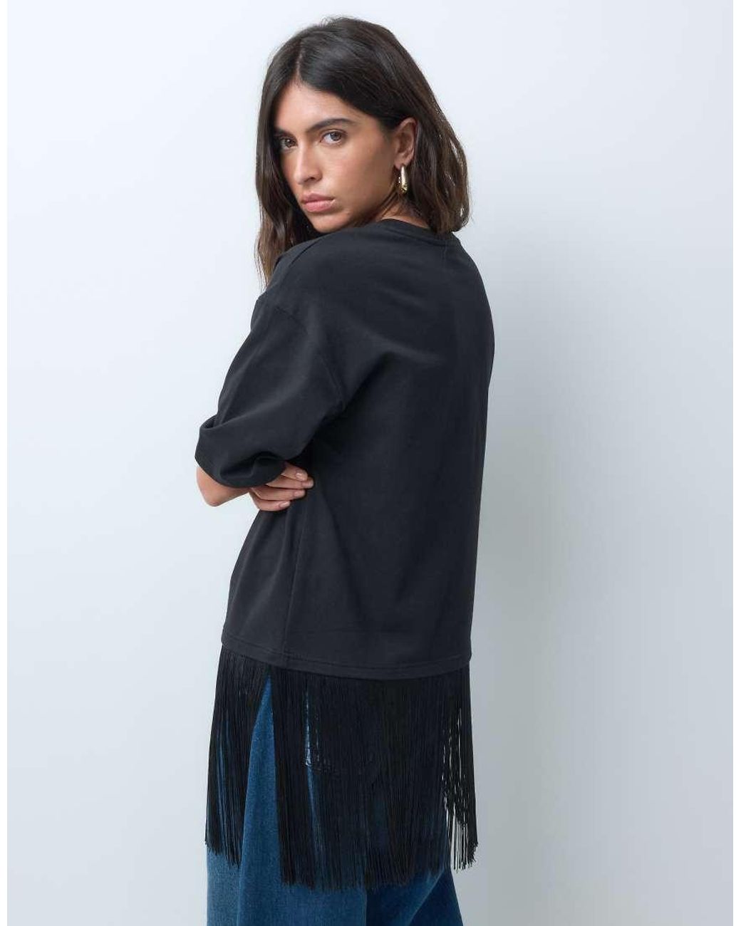 Jdy Blue Oversized T-Shirt With Fringes Detail