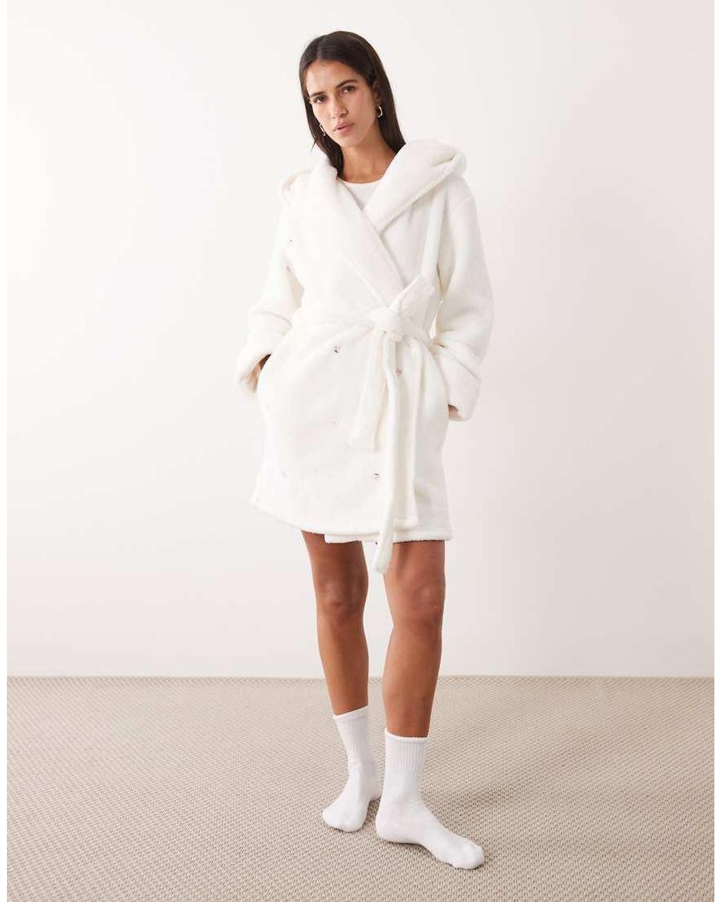 Boux Avenue White Embroidered Short Hooded Dressing Gown