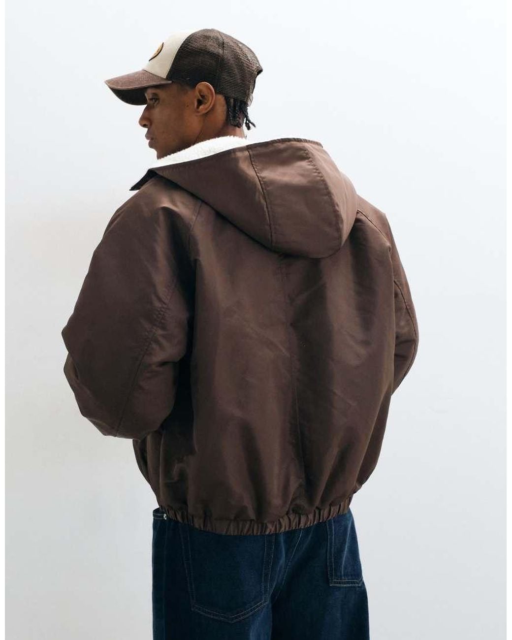 ASOS Black Nylon Bomber With Borg Trip On Hood for men