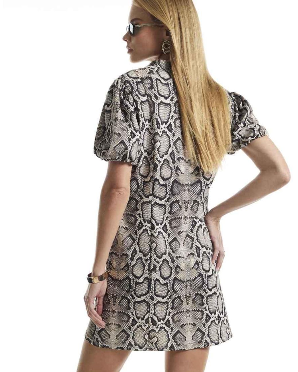 River Island Natural Snake Print Puff Sleeve Mini Dress
