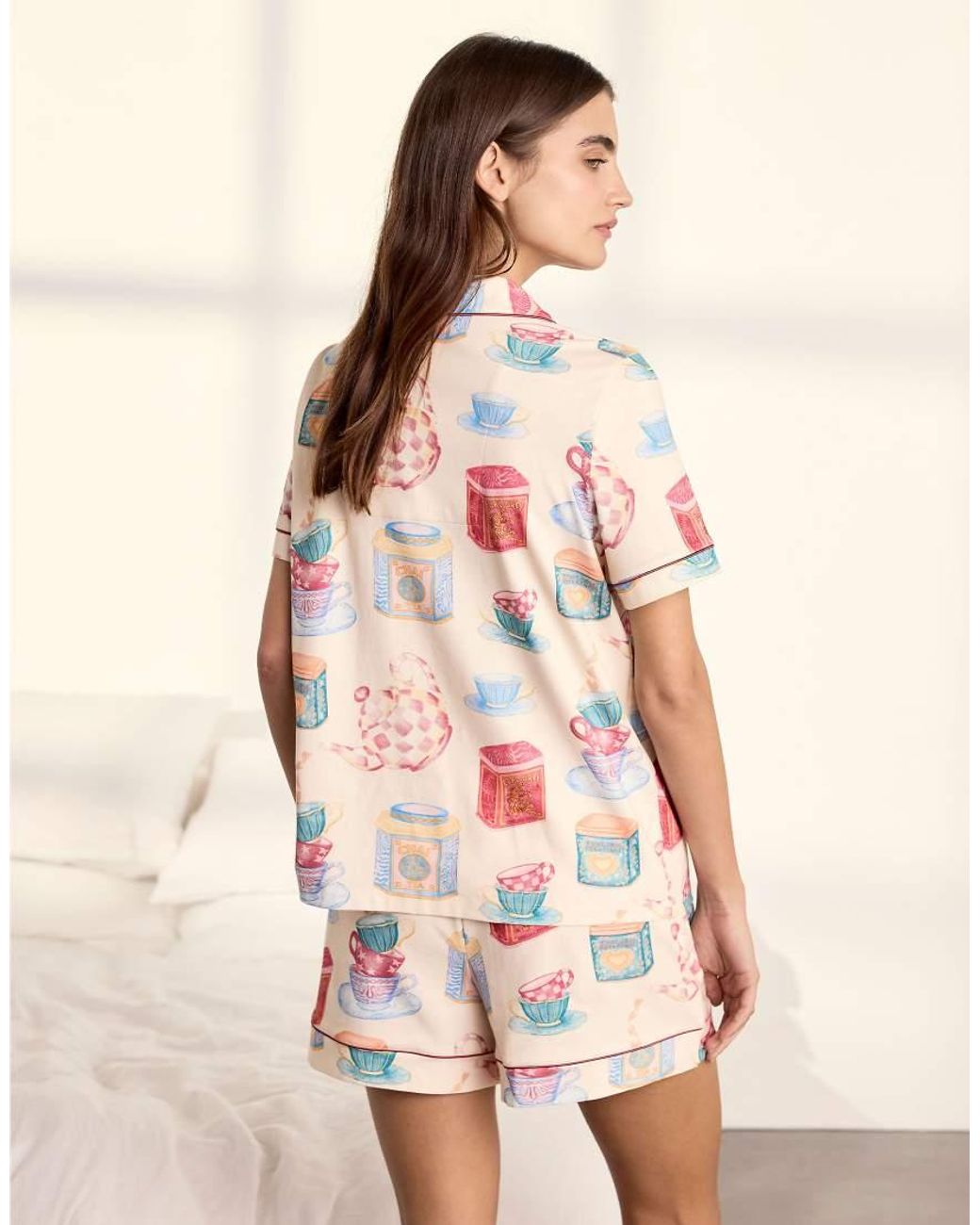 Chelsea Peers Natural Cotton Tea Party Print Short Pyjama Set