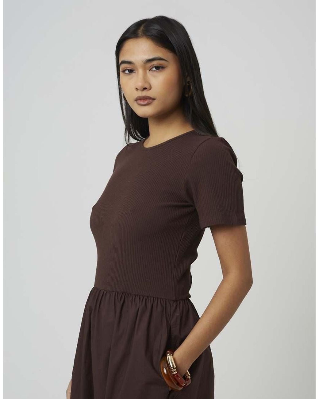 Brave Soul Brown Crew Neck Jersey And Poplin Mix Maxi Dress
