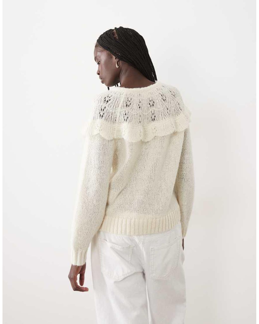Vila White Drop Shoulder Frill Trim Soft Knitted Jumper
