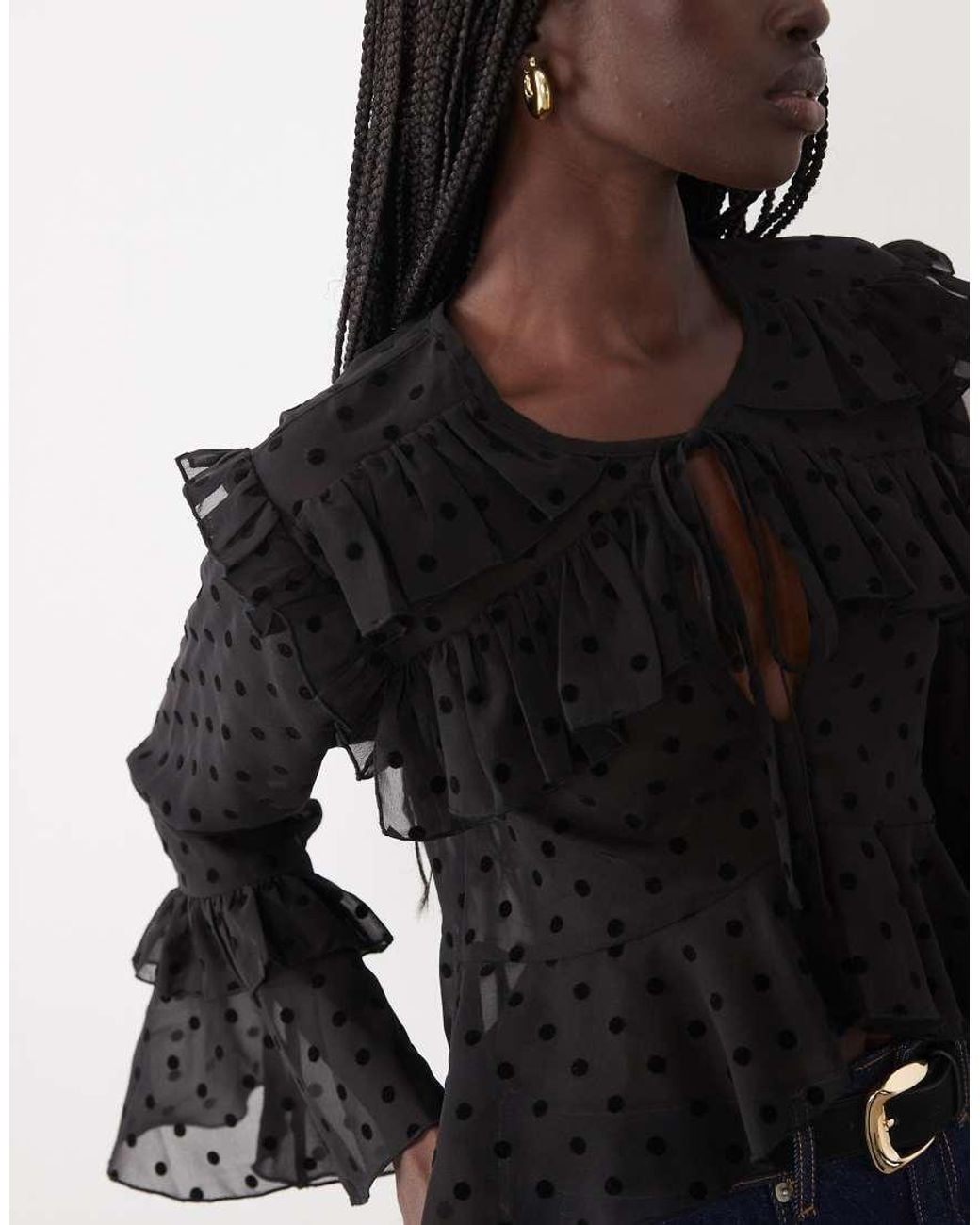 Miss Selfridge Black Tiered Ruffle Blouse With Velvet Polka Dot