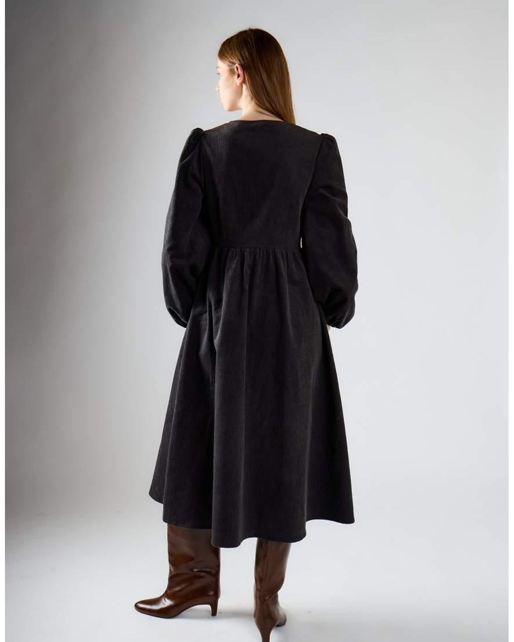 Glamorous Black Corduroy V-Neck Midi Dress