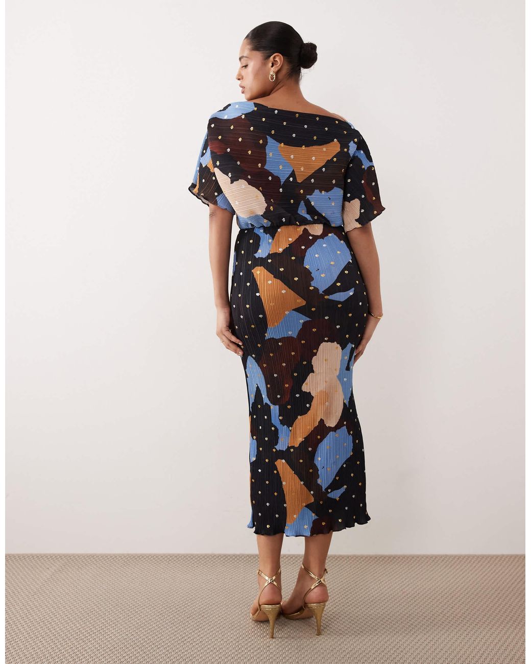 navy blue dress for baby girl Black & Gold Foil Asymmetric Midi Dress | Girl In Mind main image 1