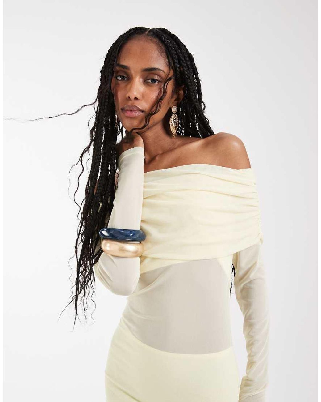 Aria Cove White Mesh Bardot Long Sleeve Exposed Panel & Sheer Hem Maxi Dress