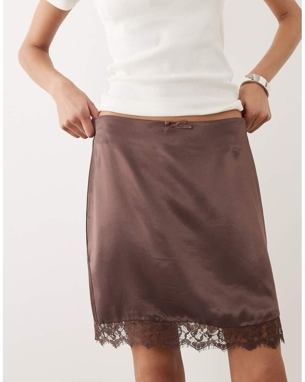 Miss Selfridge Brown Satin Lace Trim Mini Skirt