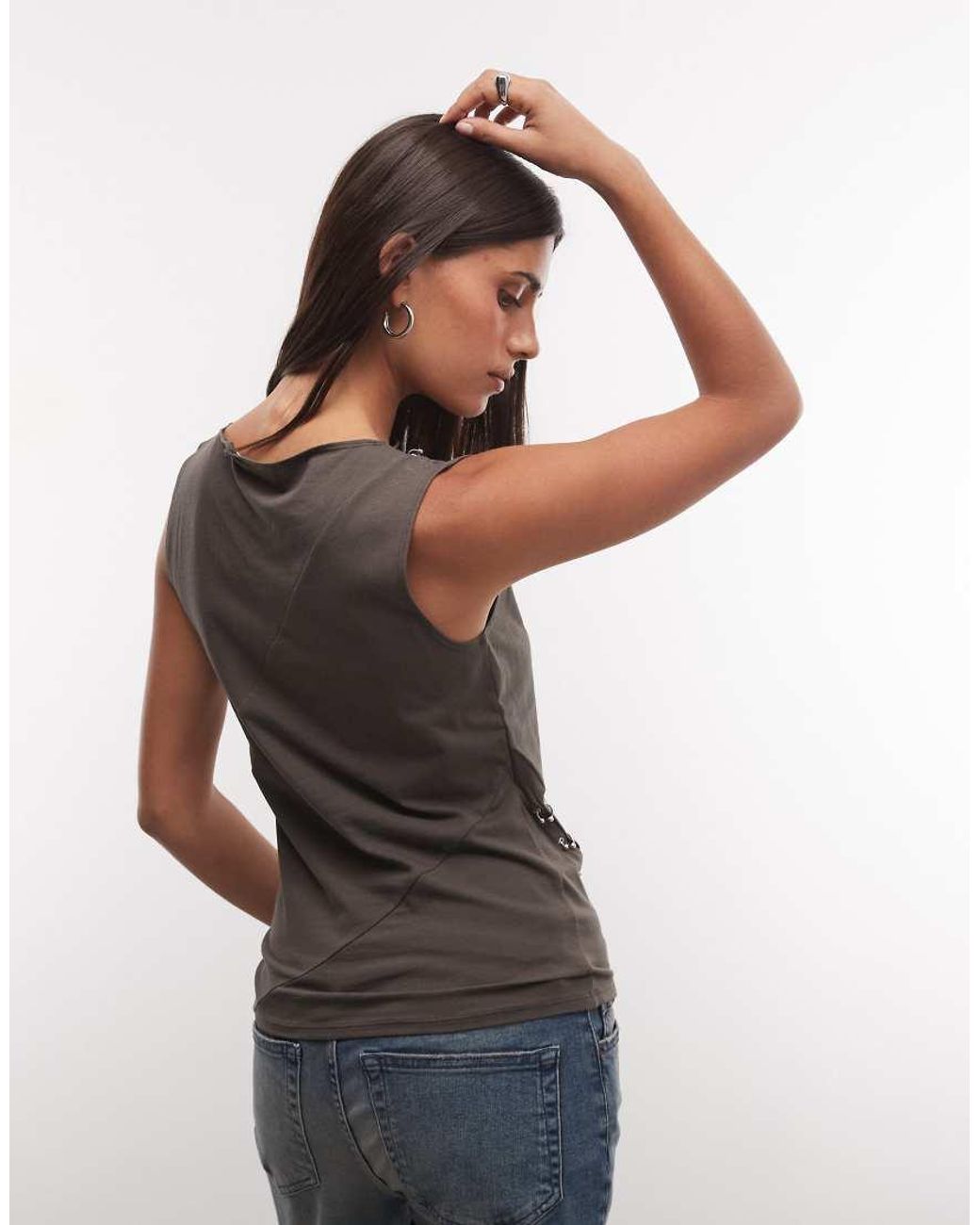 Weekday Gray Asymmetric Eyelet Detail Tank Top