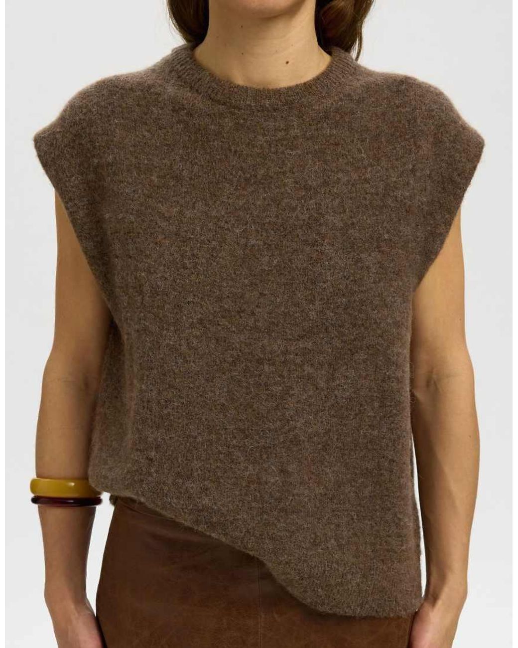 SELECTED Brown Lulu Denim Relaxed Fit Crew Neck Knitted Vest