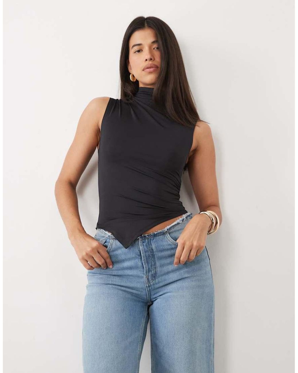 ASOS Blue Grown On High Neck Gathered Asymmetric Hem Top