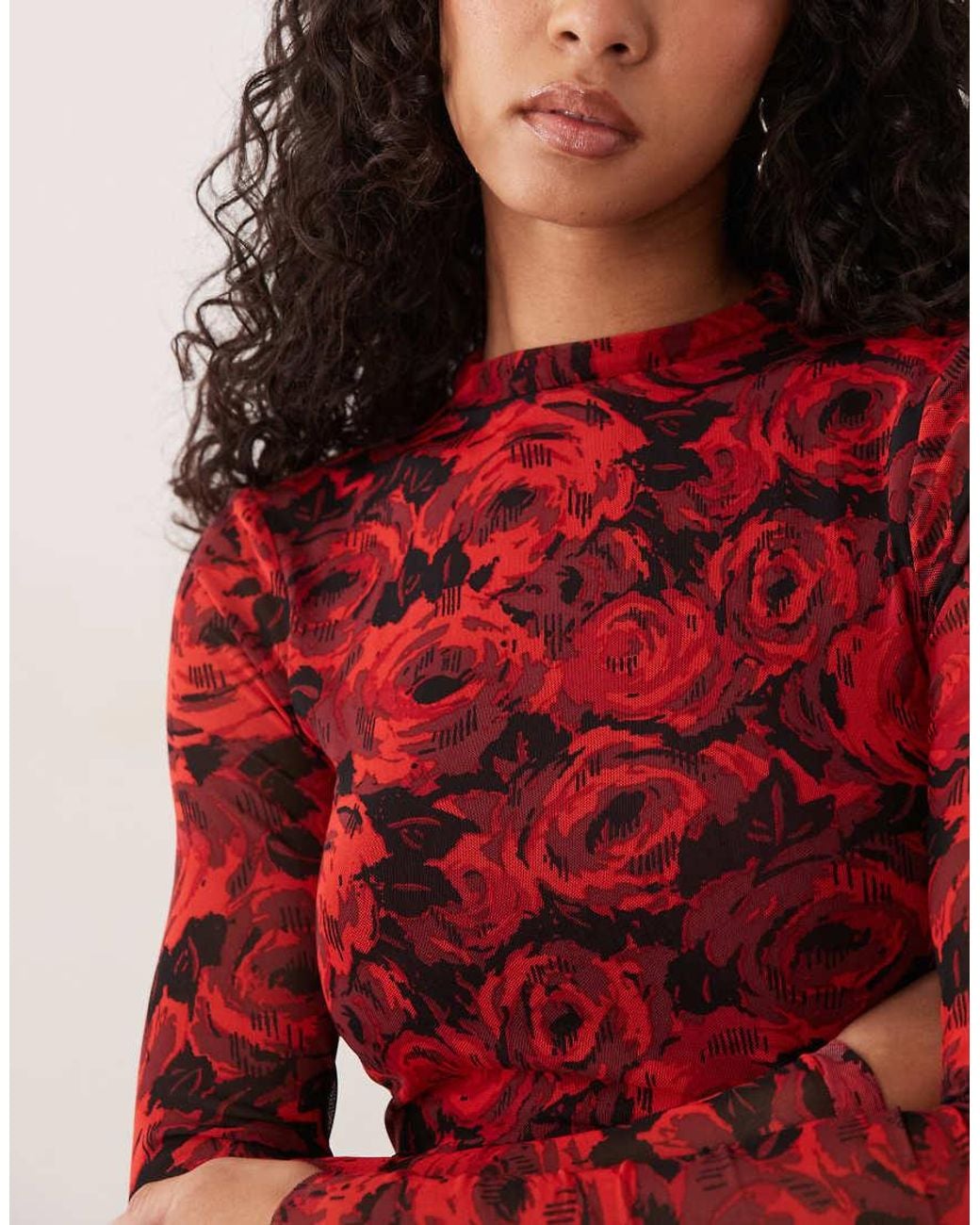 AFRM Red Mesh High Neck Long Sleeve Tie Detail Mini Dress