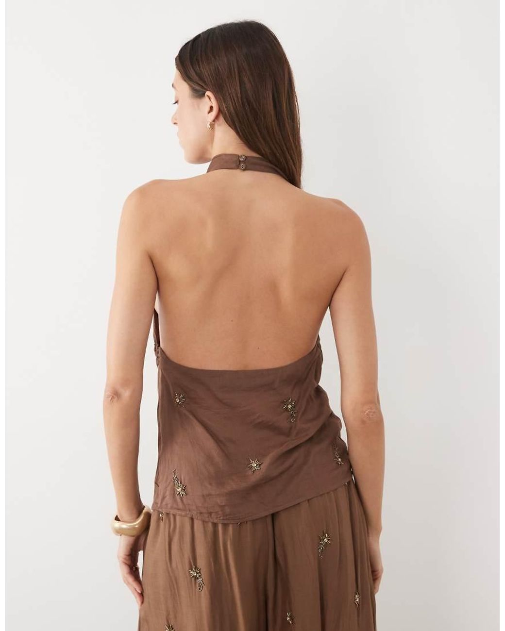 Mango Brown Soliel Embellished Halterneck Top Co-Ord