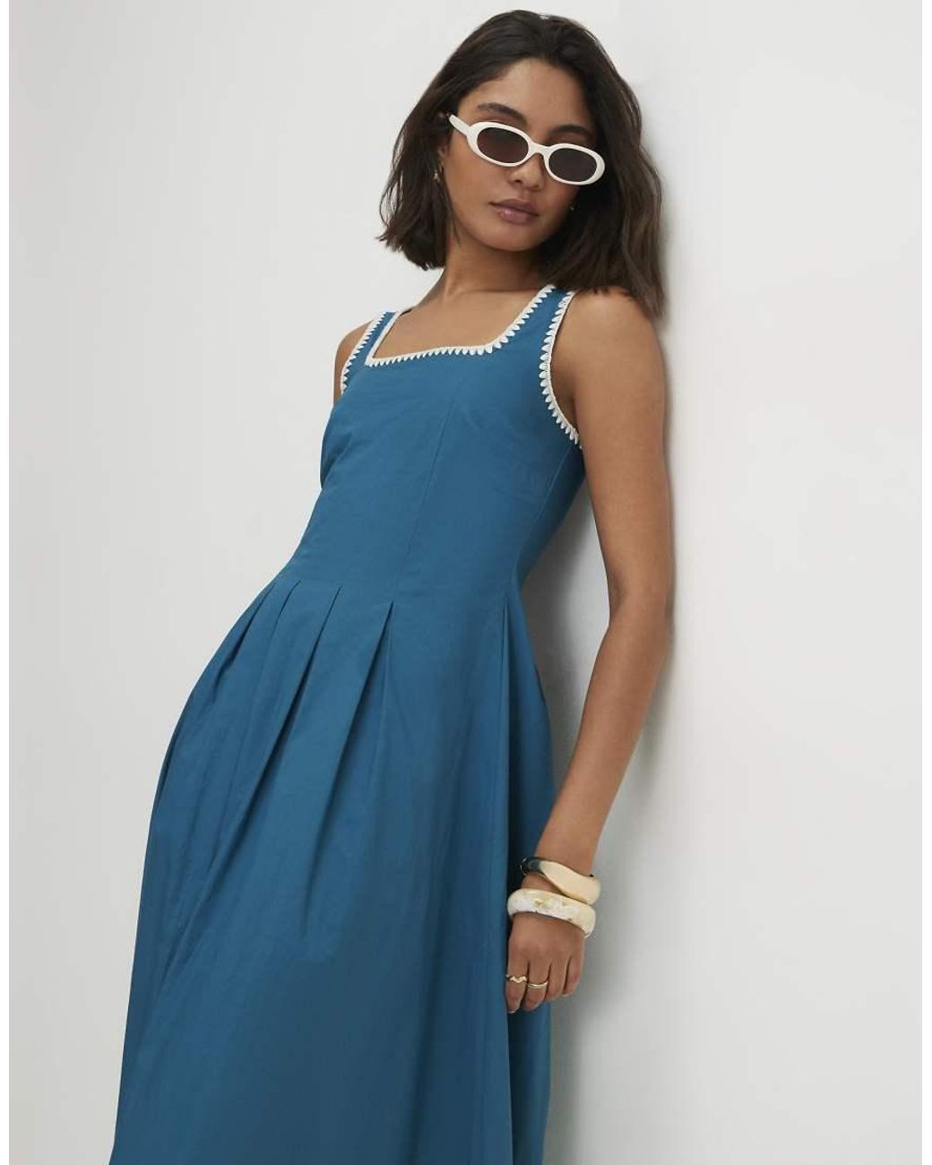 River Island Blue Cotton Whipstitch Pleated Midi Dress