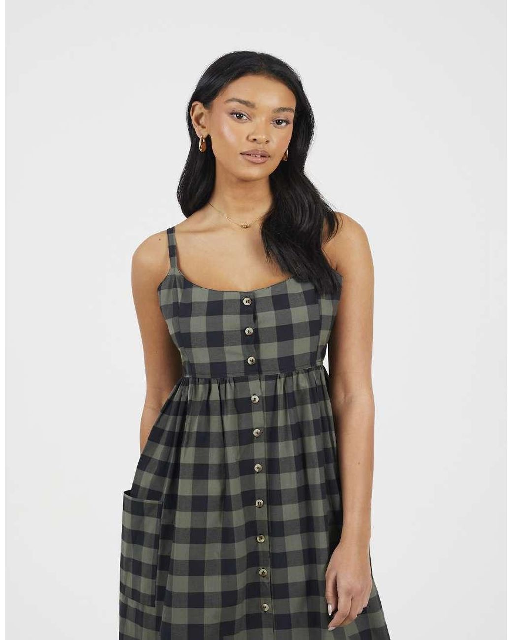 Brave Soul Green Button Down Strappy Plaid Midi Dress With Pockets