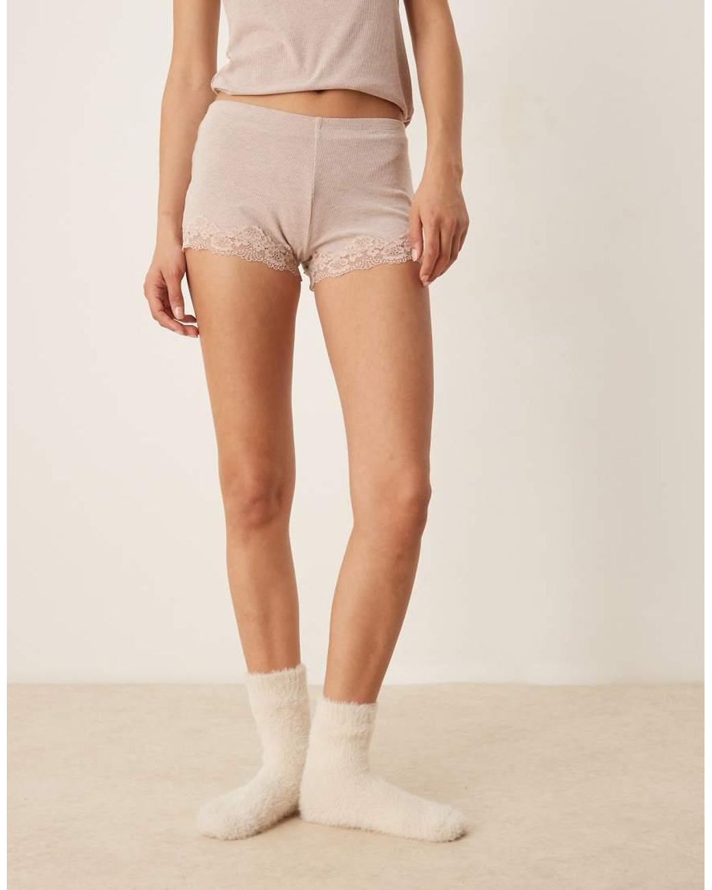 ASOS Natural Mix & Match Rib And Lace Knicker Pyjama Short