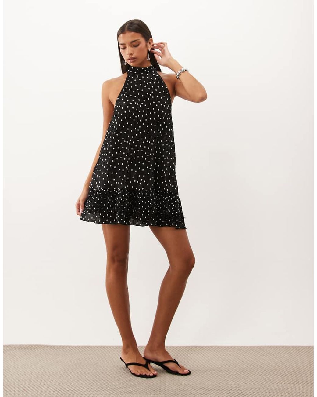 ASOS Black Plisse Halter Neck Mini Dress With Ruffle Hem