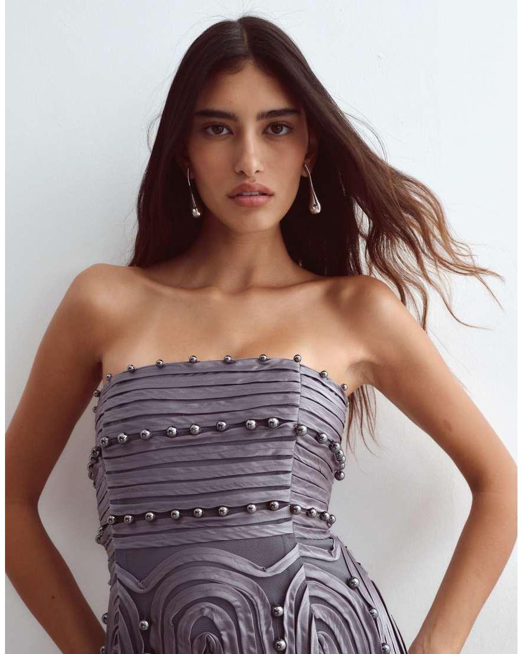 ARRANGE Purple Beaded Linear Fringe Hem Bandeau Midi Dress