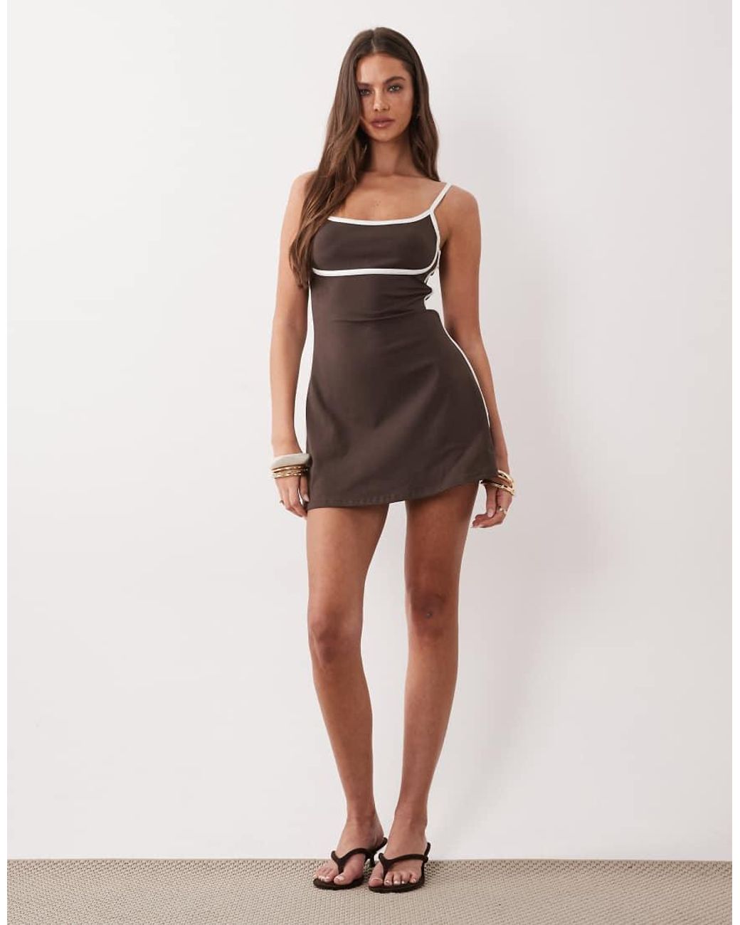 The Frolic Brown Exclusive Jersey Contrast Piping Cami Mini Dress