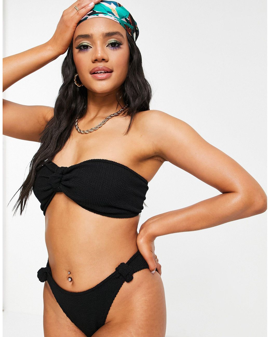 ASOS Mix And Match Crinkle Knot Front Bandeau Bikini Top in Black | Lyst