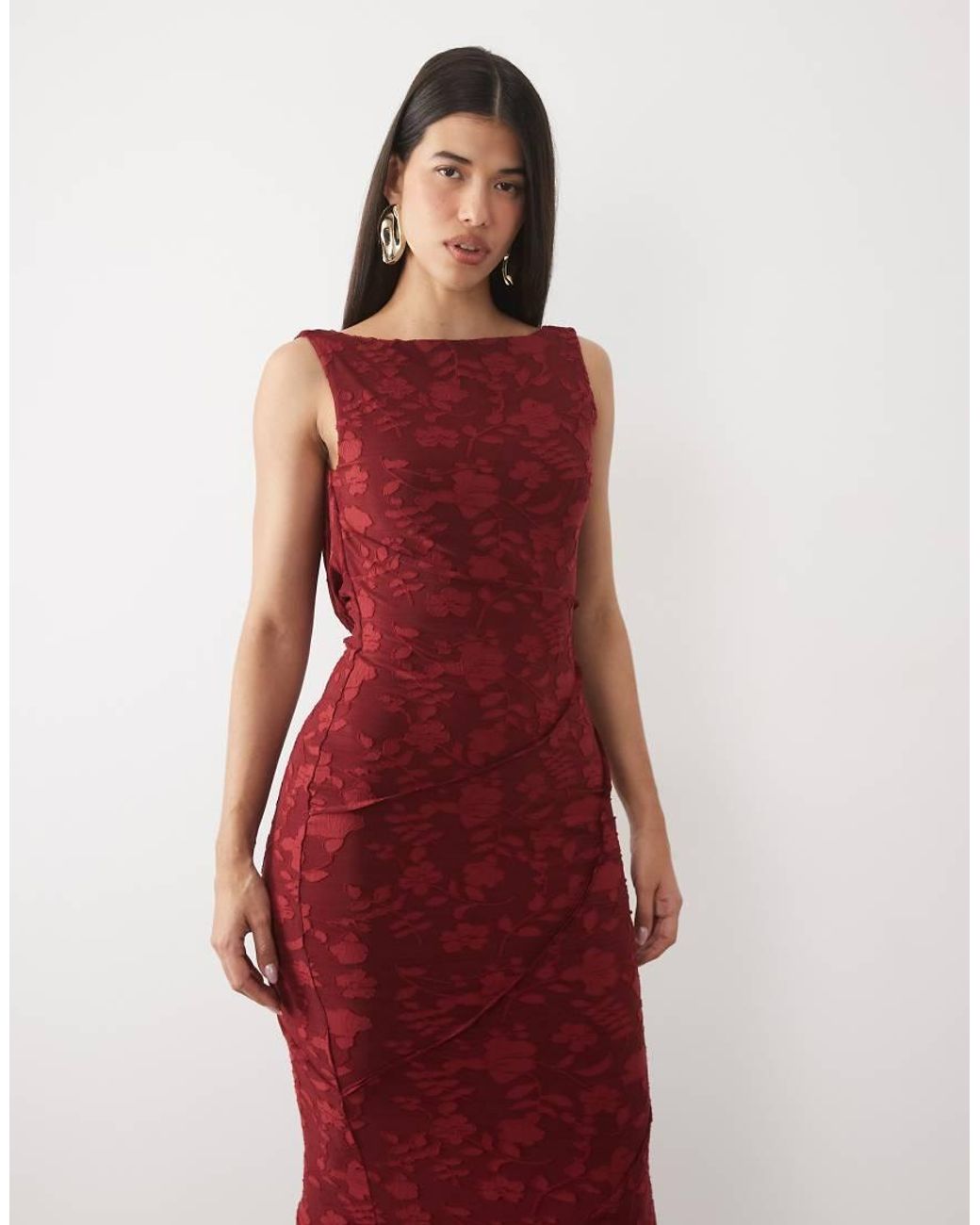 ASOS Red Raw Seam Cowl Back Devore Maxi Dress