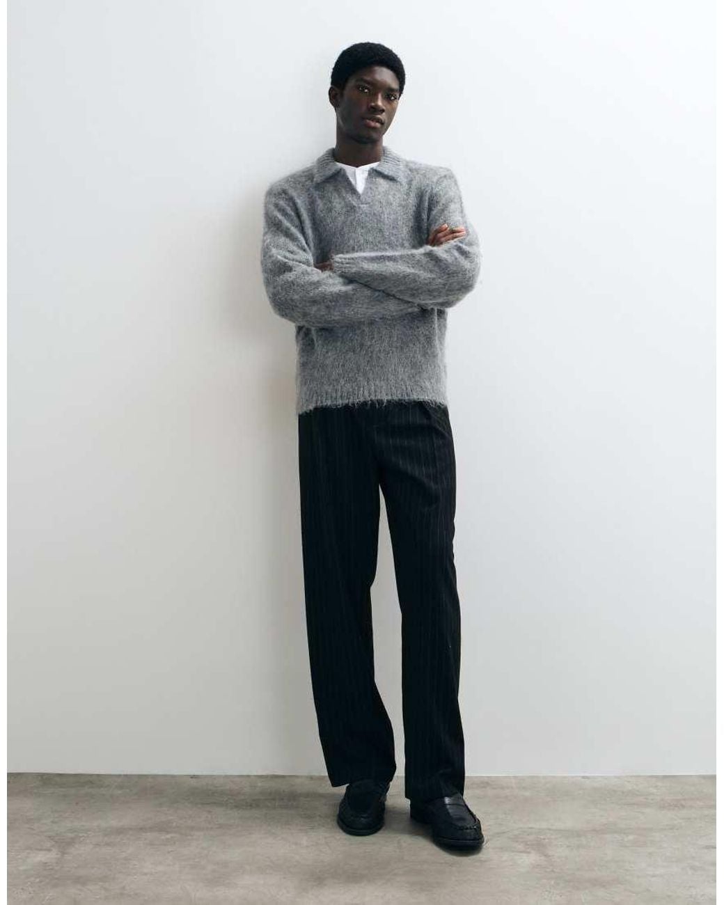 ASOS Gray Oversized Knitted Mohair Notch Neck Jumper for men