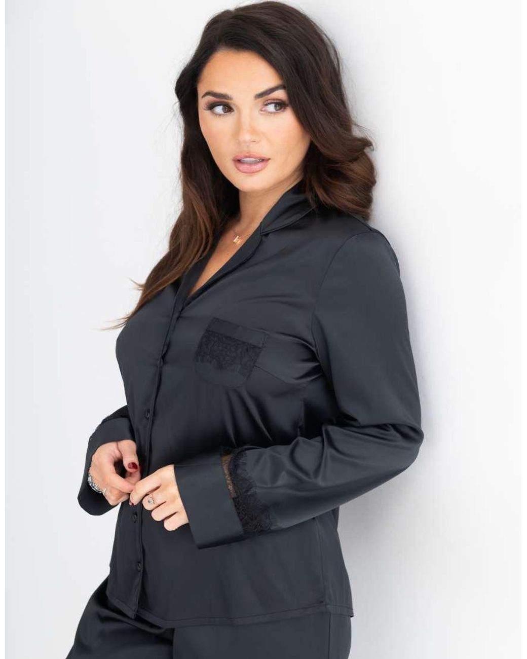 Pour Moi Blue Dusk Satin And Lace Revere Collar Pyjama Set