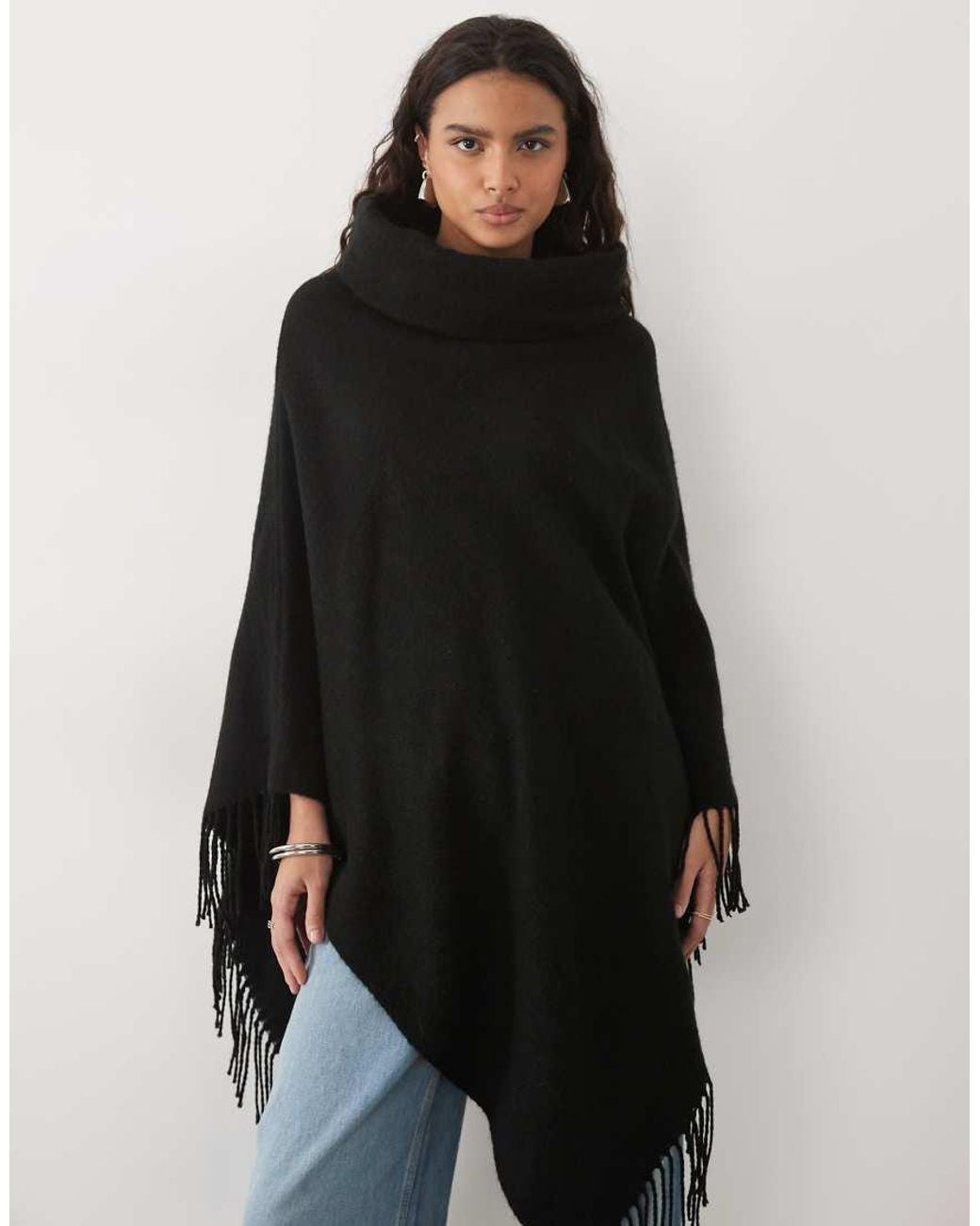 Vero Moda Blue Roll Neck Knitted Poncho With Fringing Detail