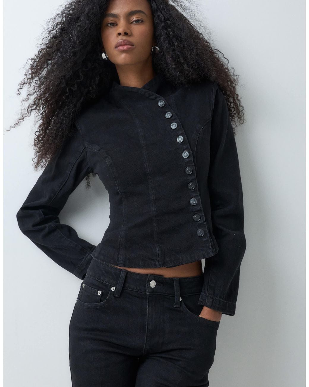 ASOS Black Denim Asymmetric Wrap Button Jacket
