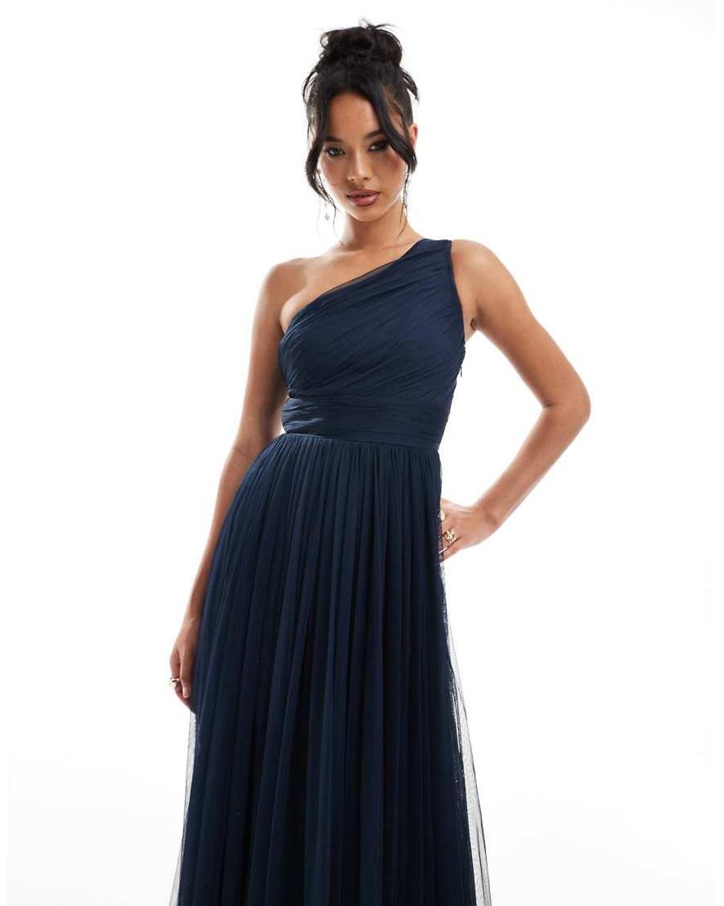 LACE & BEADS Blue Bridesmaid One Shoulder Tulle Maxi Dress